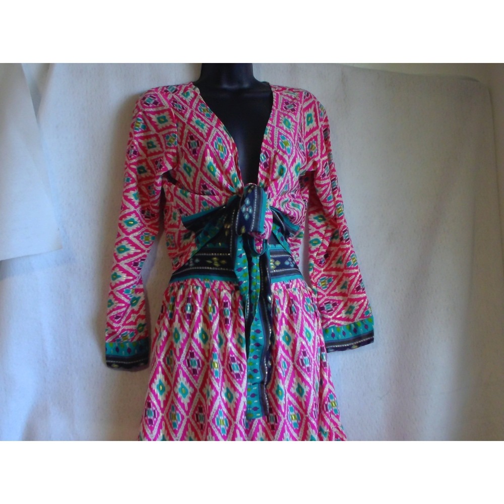India Boutique Pink Ikat Tie Tiered Maxi SET 2PCS Gold Accents Boho NEW SIZE L - Picture 7 of 8